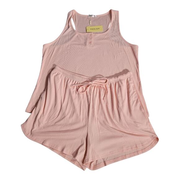 Ekouaer Pink Ribbed Pajama Set Tank Top & Shorts‎ Soft Sleepwear Women’s L NWT - Picture 1 of 11
